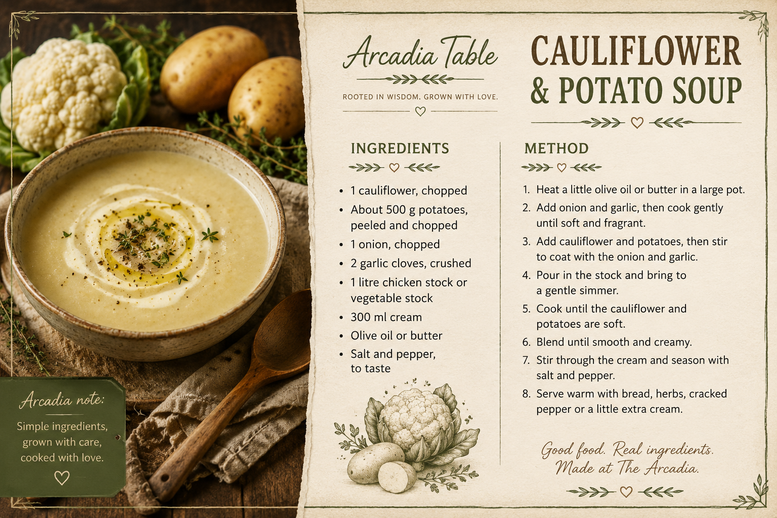 Arcadia Table Cauliflower and Potato Soup recipe card